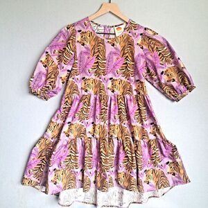 Farm Rio Tiger Leaves Dress Purple Mini Tiered Short Puff Sleeve Casual Small